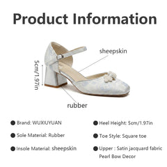 Light Blue Jacquard One-piece Platform High-heeled Women's Shoes. Oriental Beauty Pearl Buttoned Square-toe Hollow High-heeled Shoes. Elegant Versatile Single Shoes. Elegant Formal And Casual Shoes Fo
