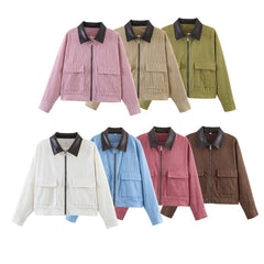 Women's Casual Corduroy Patchwork Leather-Trimmed Jacket Coats