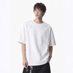 Retro Rivet Patchwork Design, Loose-fit Short Sleeves