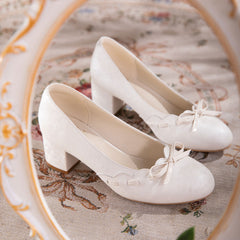 Gentle Satin Bow Block Heel Pumps, Ivory Jacquard Slip-On Shoes For Work & Parties