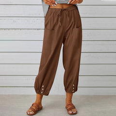 Buttoned Two-tone Linen Cropped Harem Pants