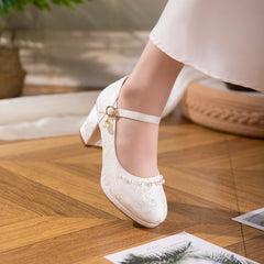 White And Beige Jacquard Mary Jane Style Women's Shoes With Thick Soles And Pearl Bow Straps, Waterproof Platform High Heels, Elegant And Versatile Wedding Shoes, Bridesmaid Shoes, Formal High Heels F