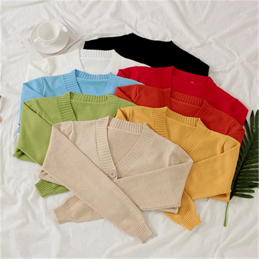 Women'S Cropped Cardigan Sweaters Female Black White Short Sweater V Neck Single Breasted Sweater Woman Knitted Cardigan Tops