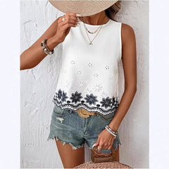 Elegant Embroidered Sleeveless Top With Fan-Shaped Lace