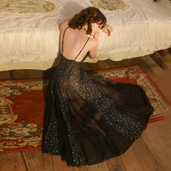 Sexy Backless Spaghetti-Strap Starry Sequin Sheer Nightgown