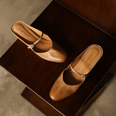 Women's Washed Full Grain Leather Mary Jane Mules, Low Heel Square Toe Slide Sandals