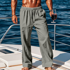 Independent Site European And American Men's Linen Mid-Waist Solid Color With Drawstring