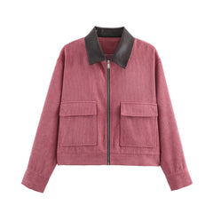 Women's Casual Corduroy Patchwork Leather-Trimmed Jacket Coats