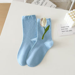 Women's Socks, Spring And Summer New Mid-Calf Socks, 3D Floral Slouch Socks, Versatile Sweet Tulip Flower Student Socks