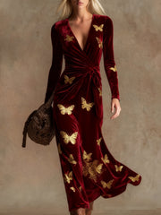 3D Geometric Line Pattern V-Neck Long-Sleeve Womens Dress