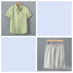 Men's Pure Linen Shorts and Short Sleeve Shirt Set - Summer Loose Casual Lightweight Outfit