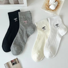 Coquette Bow Embroidered Crew Socks, Ribbed Knit Cotton Socks With Simple Bow, Cute Mid-Calf Socks For Daily Wear & Preppy Style