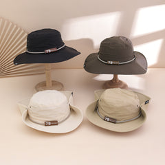 Plain-color Letter-pattern Leather Sun-protective Wide-brimmed Sunshade Outdoor Simple Style Fisherman Hat For Daily Commuting, Fishing, Mountain Climbing