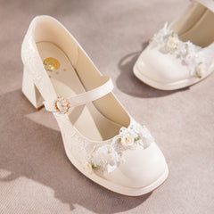 Mie Bai Lace Mary Jane Platform High Heels - Retro Soft Style Bridal Shoes - Versatile White High Heels