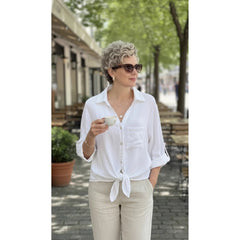 Solid-color Buttoned V-neck Casual Versatile Lace-up Shirt