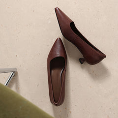 Women's Washed Full-Grain Cowhide Kitten Heel Pumps, Pointed Toe Handcrafted Leather Office Shoes