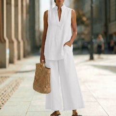 Women's Sleeveless V-Neck Casual Cotton And Linen Set