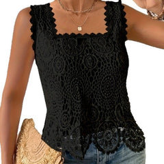 Womens Elegant Square-neck Lace Hollow-out Sleeveless Top