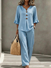 Womens V-neck Ruffle Three-Quarter Sleeve Top And Pants Two-Piece Set