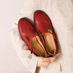 Women's Full Grain Leather T-Strap Mary Jane Flats, Premium Genuine Leather Casual Shoes