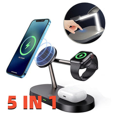 Multifunktionales 5-in-1-Ladegerät mit Magnetverschluss: kabelloses Laden für Smartwatch, Headset, Handy und Schreibtisch. Inklusive 15-W-Schnellladefunktion.