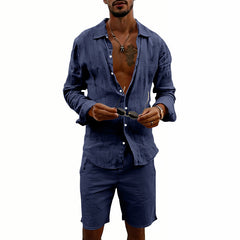 Men's Linen Casual Loose-Fit Long-Sleeve Shirt And Shorts Set