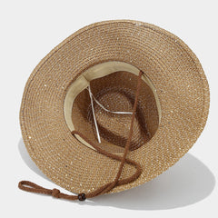 New Womens Panama Straw Weaved Sequin Windproof Sun Hat