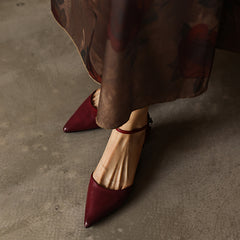 Women's Handmade Washed Leather Ankle Strap Pumps, Genuine Full-Grain Leather Pointed Toe Low Block Heel Sandals