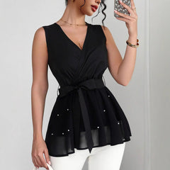 Women's New Lace-Up Beaded V-Neck Sleeveless Tank Top
