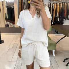Womens Casual V-Neck Pullover Short-Sleeve Top And Shorts Set