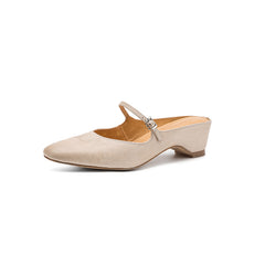 Women's Washed Full Grain Leather Mary Jane Mules, Low Heel Square Toe Slide Sandals