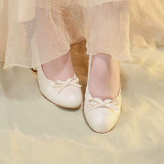 Gentle Satin Bow Block Heel Pumps, Ivory Jacquard Slip-On Shoes For Work & Parties