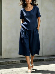 Cotton-linen Casual Loose-fitting Short-sleeve Top And Shorts Set