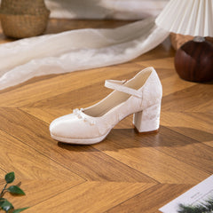 White And Beige Jacquard Mary Jane Style Women's Shoes With Thick Soles And Pearl Bow Straps, Waterproof Platform High Heels, Elegant And Versatile Wedding Shoes, Bridesmaid Shoes, Formal High Heels F