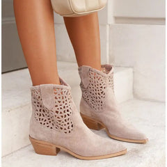 Womens Plus-Size Fashion Ankle Boots With Hollowed-Out Design And Chunky Heel