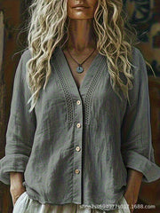 Women's V-Neck Linen Loose-Fit Long-Sleeve Shirt
