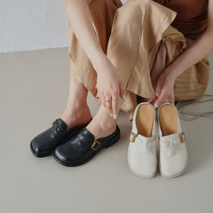 Women's Washed Full Grain Leather Buckle Mules, Retro Low Block Heel Backless Shoes