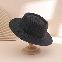 A Stylish And Versatile Sun Hat For Ladies, Featuring A Solid Color Broad Brim And Foldable Concave Top. Perfect For Outdoor Travel, Beach Vacations.