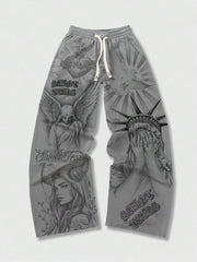 Retro Letter Print Mens Loose Casual Pants