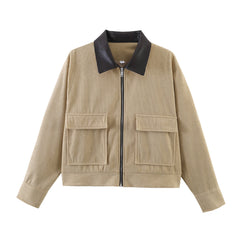 Women's Casual Corduroy Patchwork Leather-Trimmed Jacket Coats