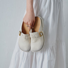 Women's Washed Full Grain Leather Buckle Mules, Retro Low Block Heel Backless Shoes