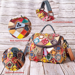 Full-grain Leather Handmade Floral Contrast-color Patchwork Tote Shoulder Bag
