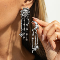 French Retro Hollow Floral Dial Fashionable Geometric Diamond-Encrusted Long Tassel Earrings