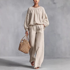 Women's Cotton-Linen Lantern-Sleeve Wide-Leg Pants Set