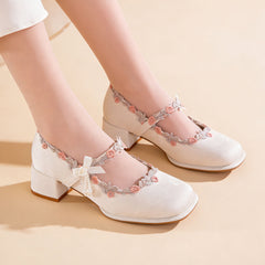 Elegant Oriental Jacquard Satin Mary Jane Shoes With Embroidered Lace And Pearls, Non-Slip Rubber Sole, Comfortable And Non-Fatiguing, Versatile High Heels For Everyday Wear, Parties, And Weddings