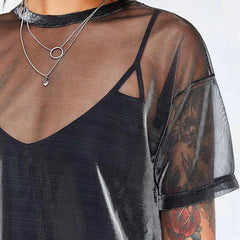 Sexy Mesh Blouse 2025 Summer See-Through Women Shirts Short Sleeve Perspective Shine Casual Women Tops Lady Vintage Blusas
