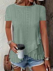 2026 European And American Amazon Summer New Women's Fashion Plus-Size Asymmetrical Ruffled Hem Short-Sleeve Top