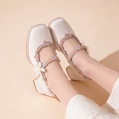 Elegant Oriental Jacquard Satin Mary Jane Shoes With Embroidered Lace And Pearls, Non-Slip Rubber Sole, Comfortable And Non-Fatiguing, Versatile High Heels For Everyday Wear, Parties, And Weddings