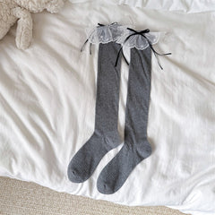 Spring And Summer Boneless Pure Desire Style Calf Socks Children Bow Hollow Mesh Long Tube Pile Socks