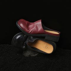 Women's Washed Full Grain Leather Mule Slides, Retro Round Toe Backless Closed-Toe Shoes
